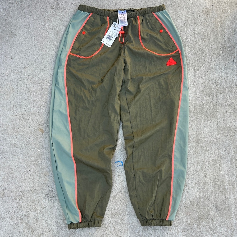 Adidas Women Pants S Olive Green Orange Athletic Loose Fit Wide Leg New IF3738